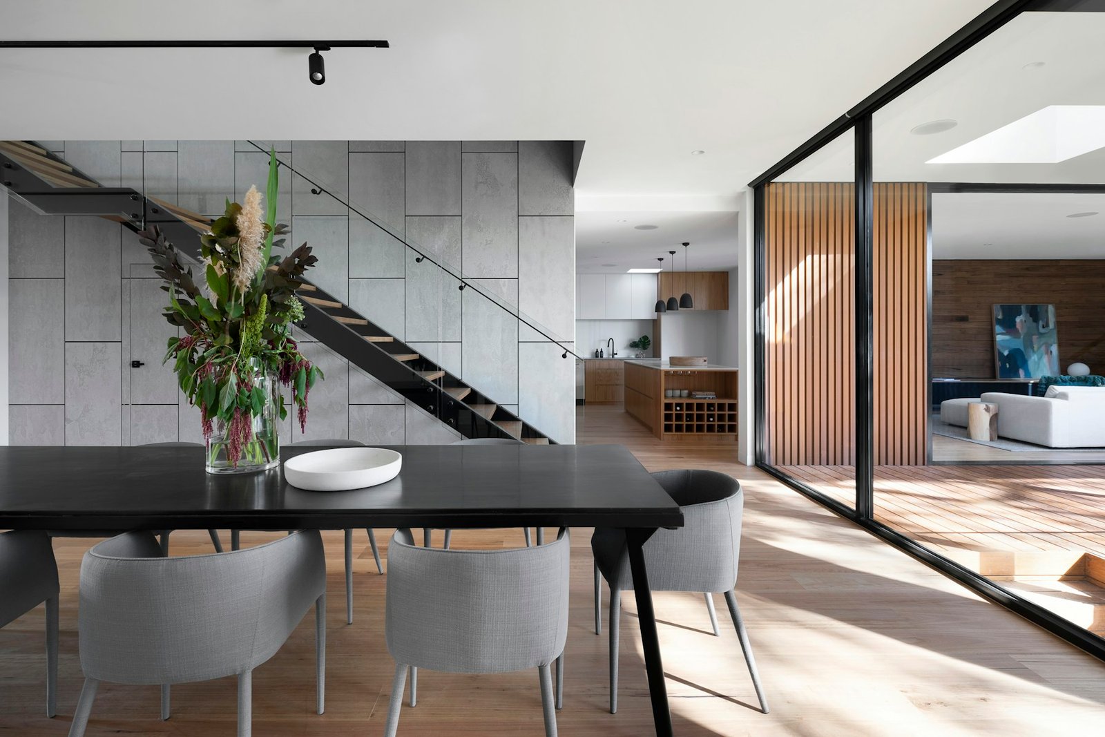 Bright contemporary living space with natural materials and generous daylight